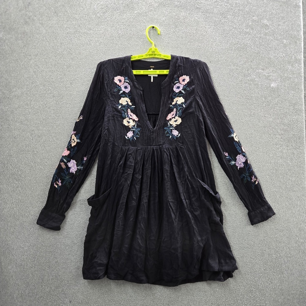 Johnny Was Women Dress S Black Mia Mini Embroidered Floral Boho Grunge Witchy